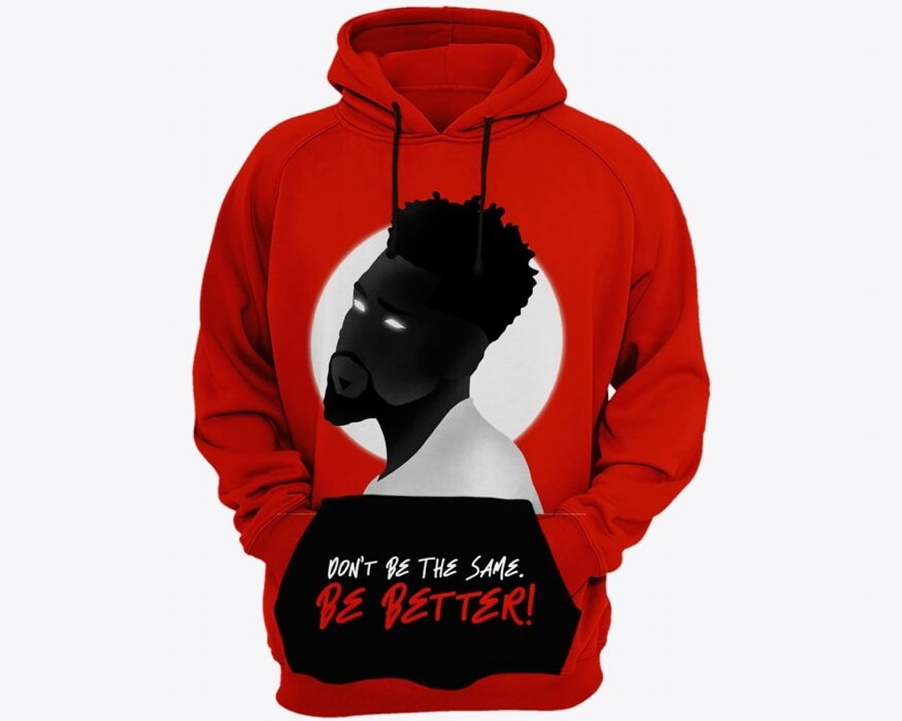 Red hoodie design with a face graphic and company slogan on the pocket