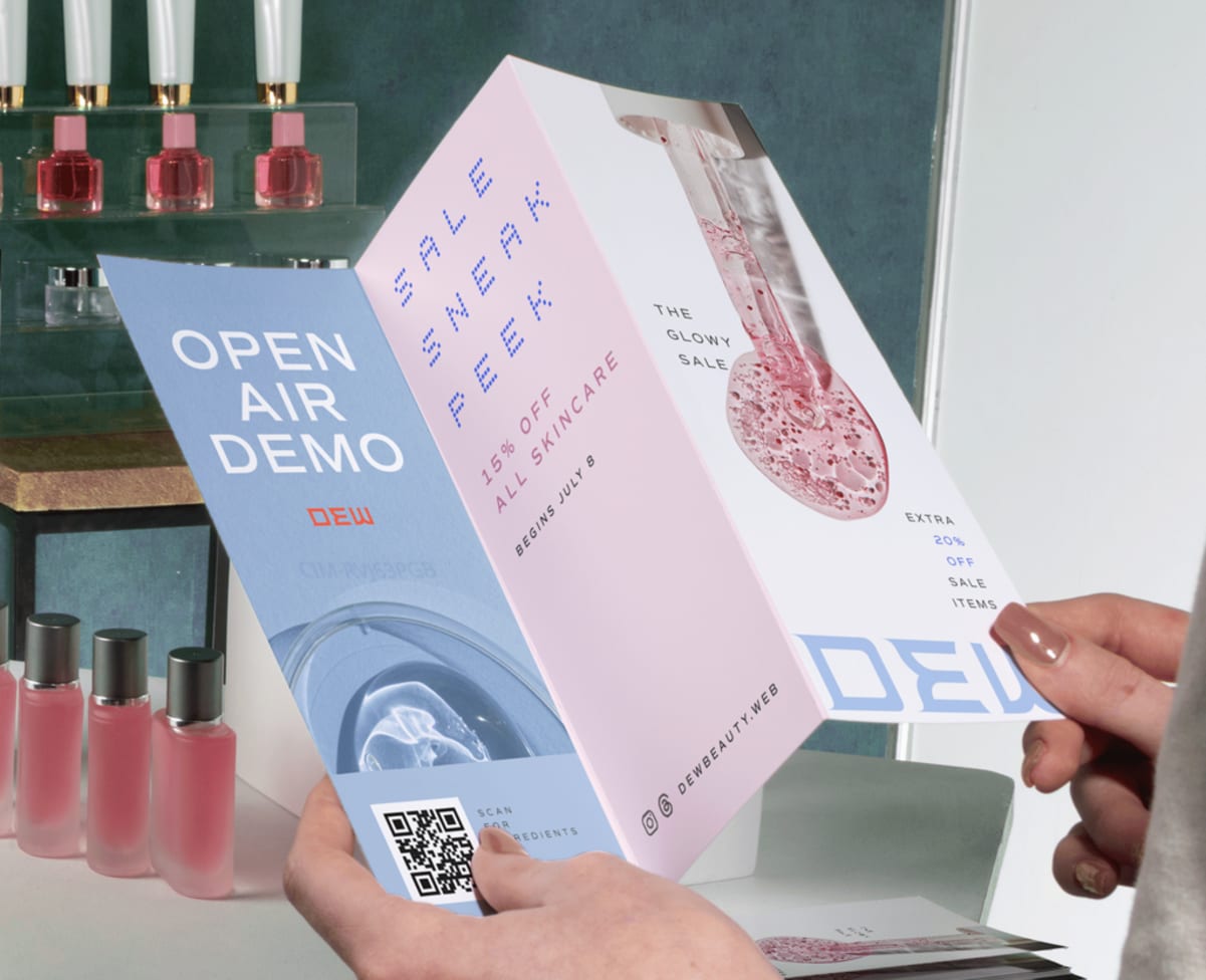Z-fold brochure design for a cosmetics brand promoting an open-air demo