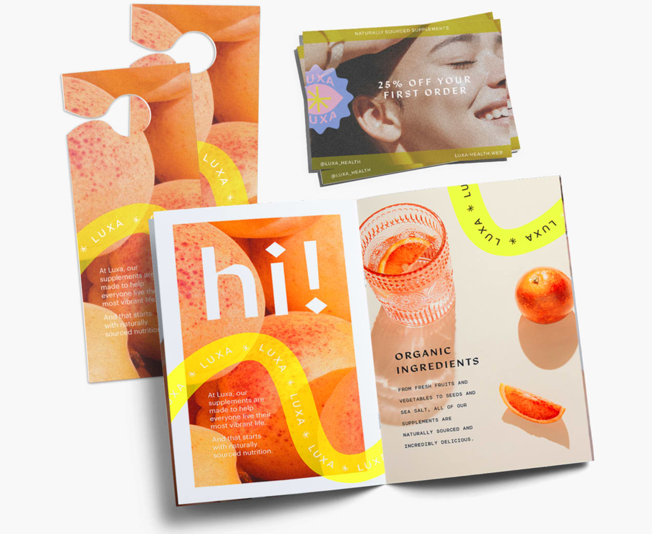 Print marketing materials for a health supplement brand: postcards and brochures
