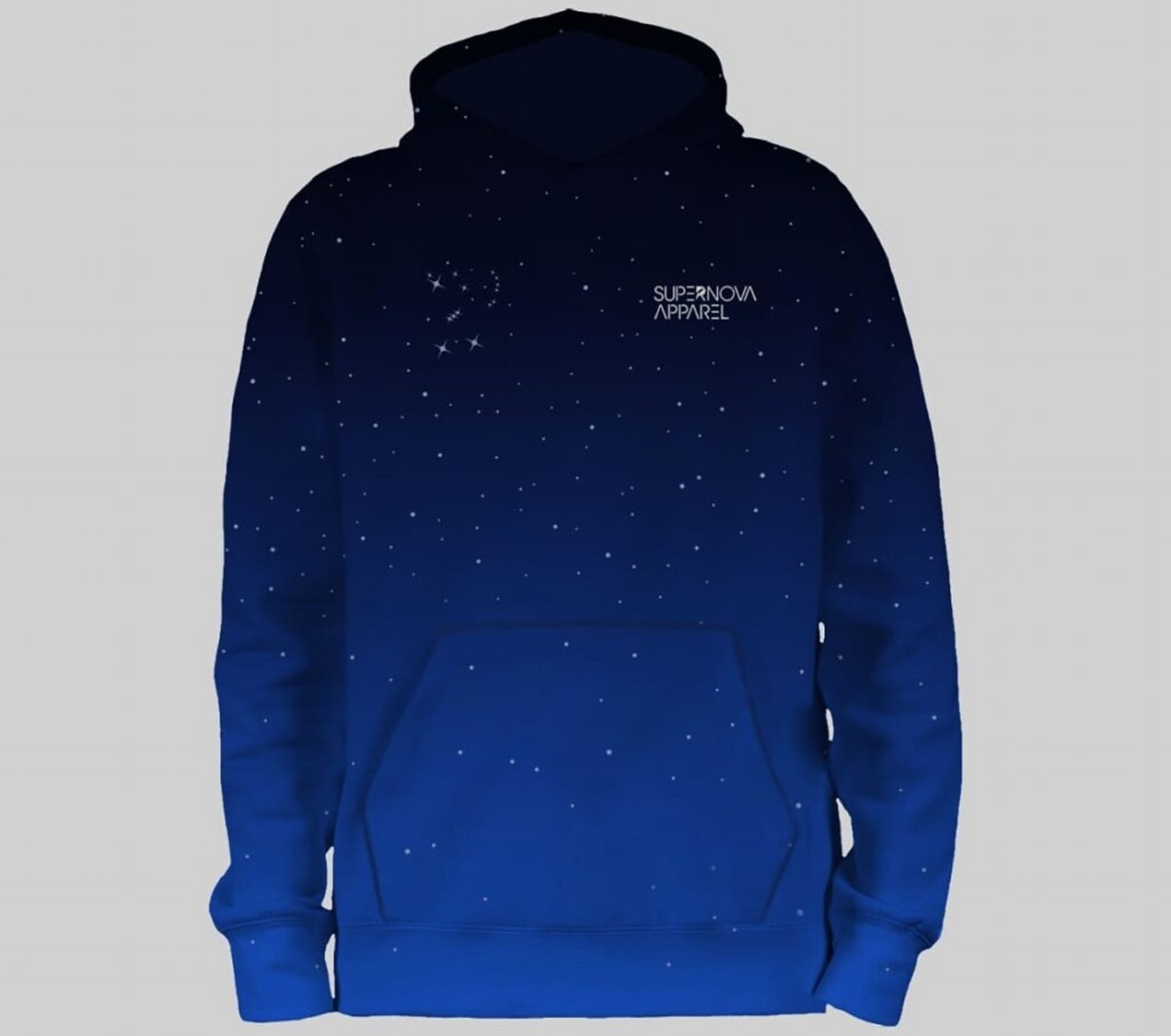 Blue hoodie with a starry sky all-over design