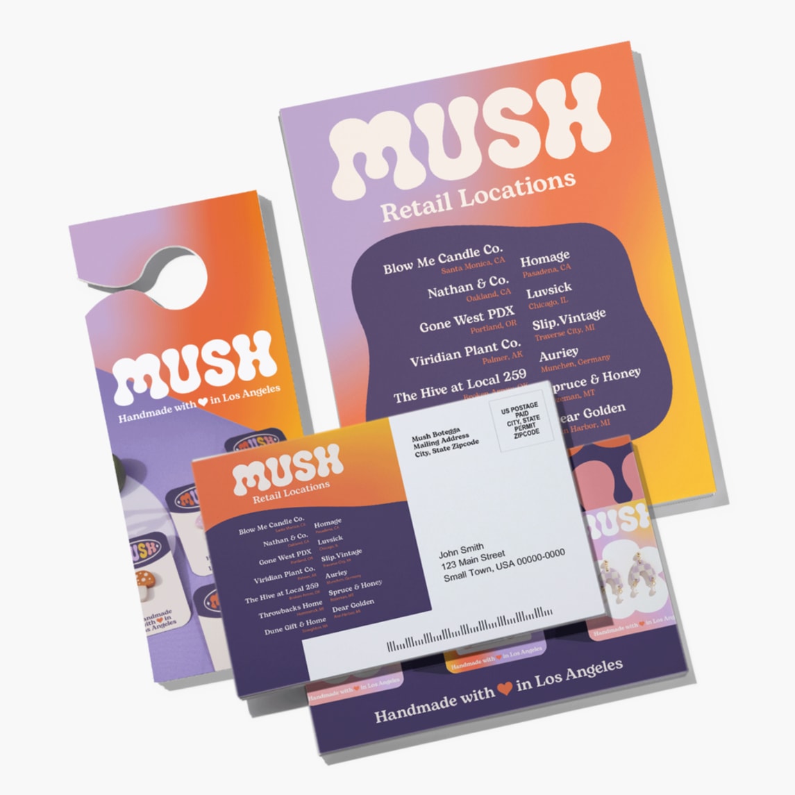 A logo in bubble letters across different marketing materials including a poster, hanging tag, poster and business card