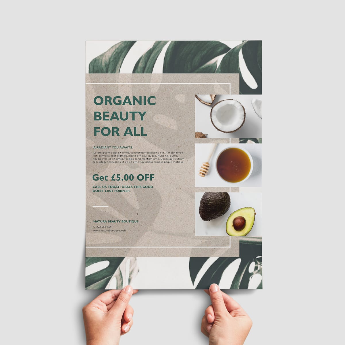 Flyer design for an organic beauty cosmetics brand with a headline, contact info, CTA and visuals