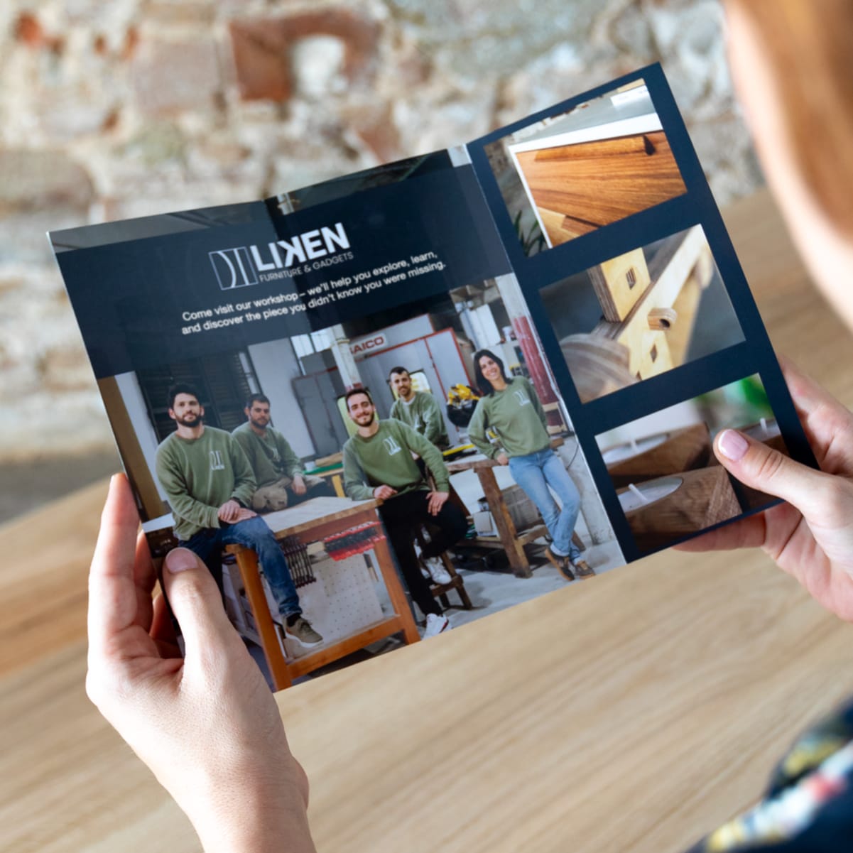 A tri-fold brochure for a furniture design company with a clear CTA
