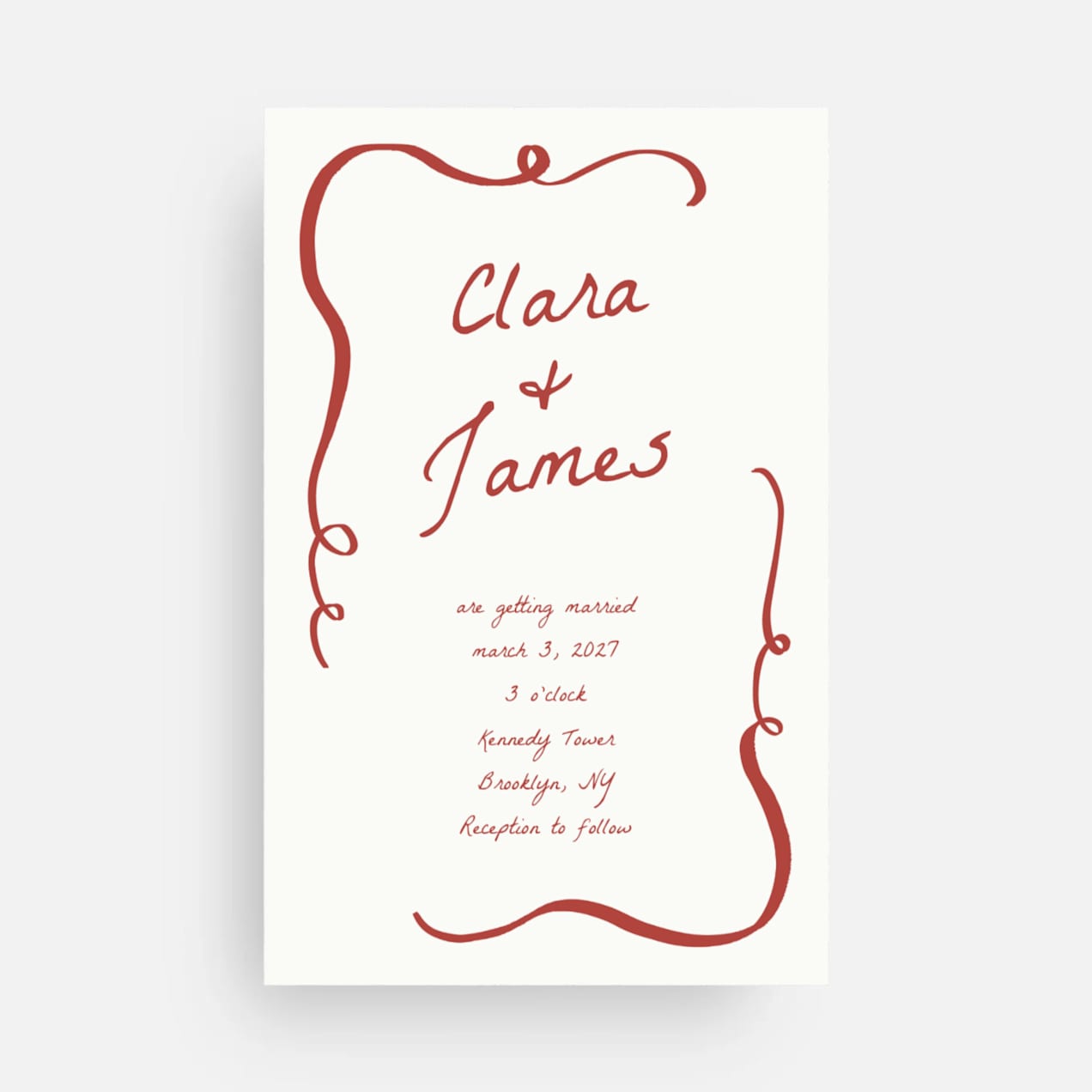 A modern wedding invitation with a simple design and casual wording