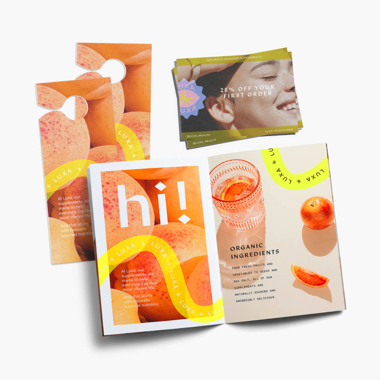 Selection of printed materials from a supplements company including brochure and business cards