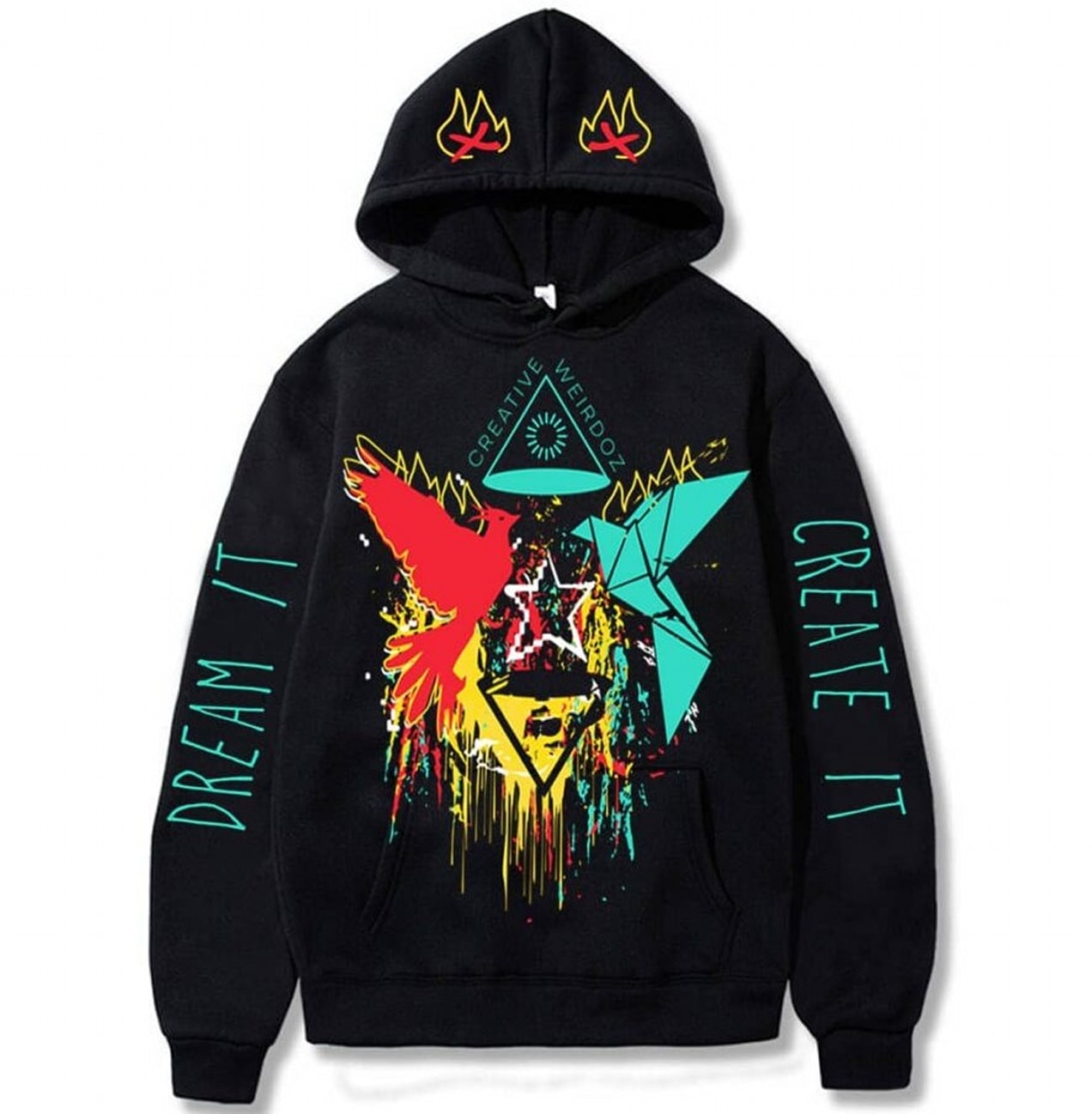Hoodie design with a bold graphic and tagline on the sleeves