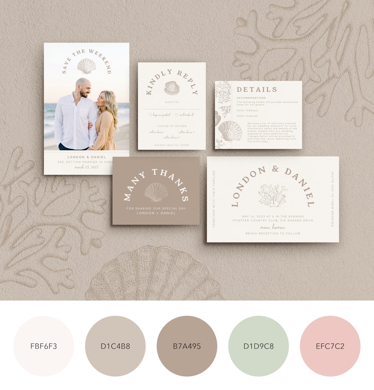 A coastal wedding color palette on wedding stationery in sandy tones