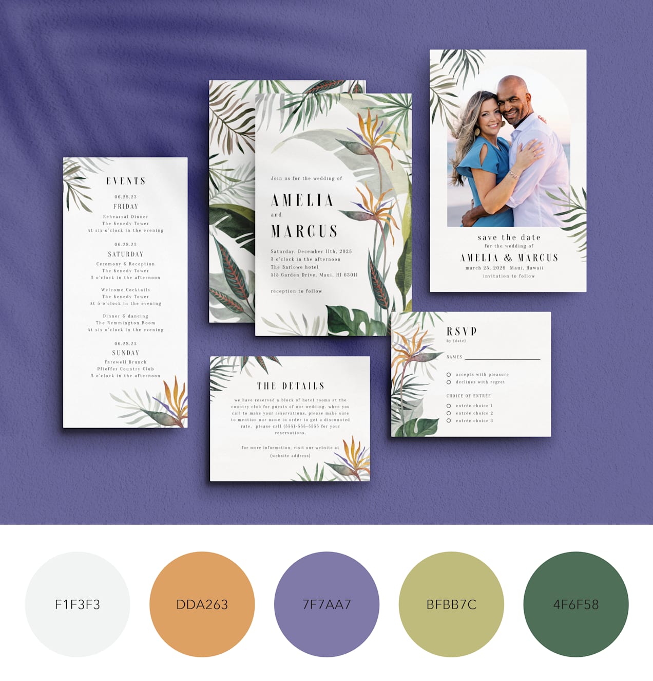 Wedding stationery with tropical leaf prints and a photo of the couple