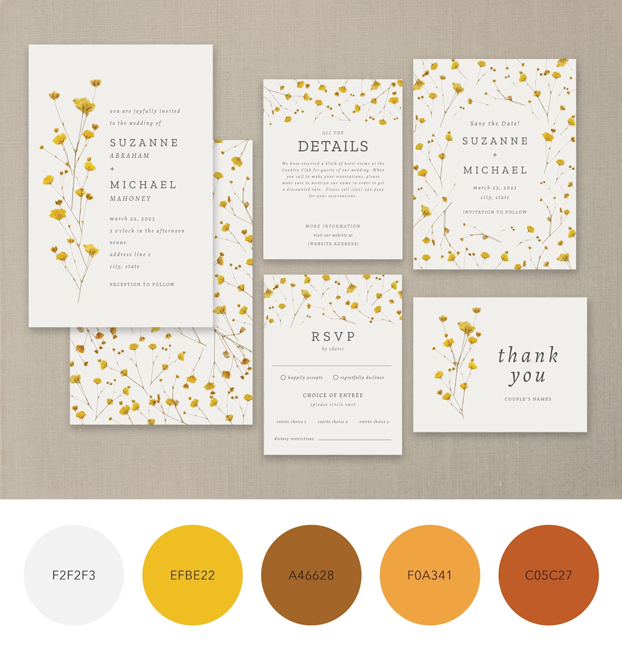A white and yellow wedding color on floral stationery