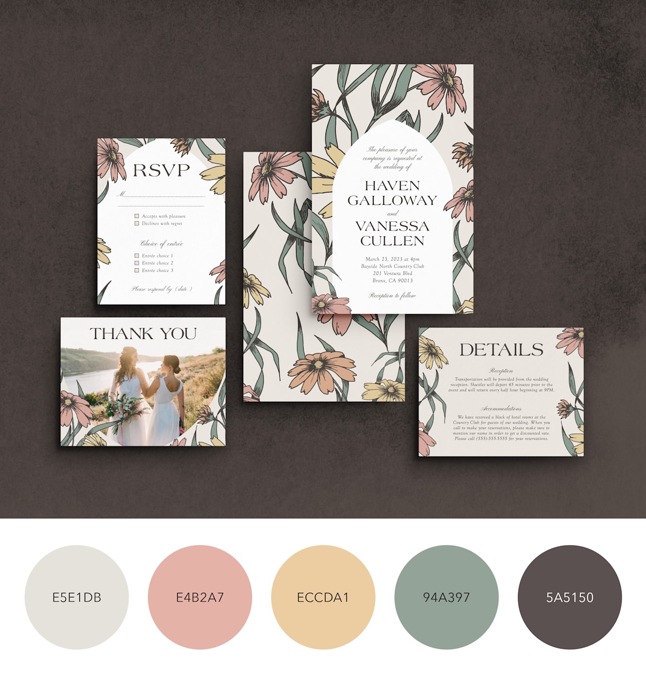 Wedding stationery with green, pink and yellow floral patterns