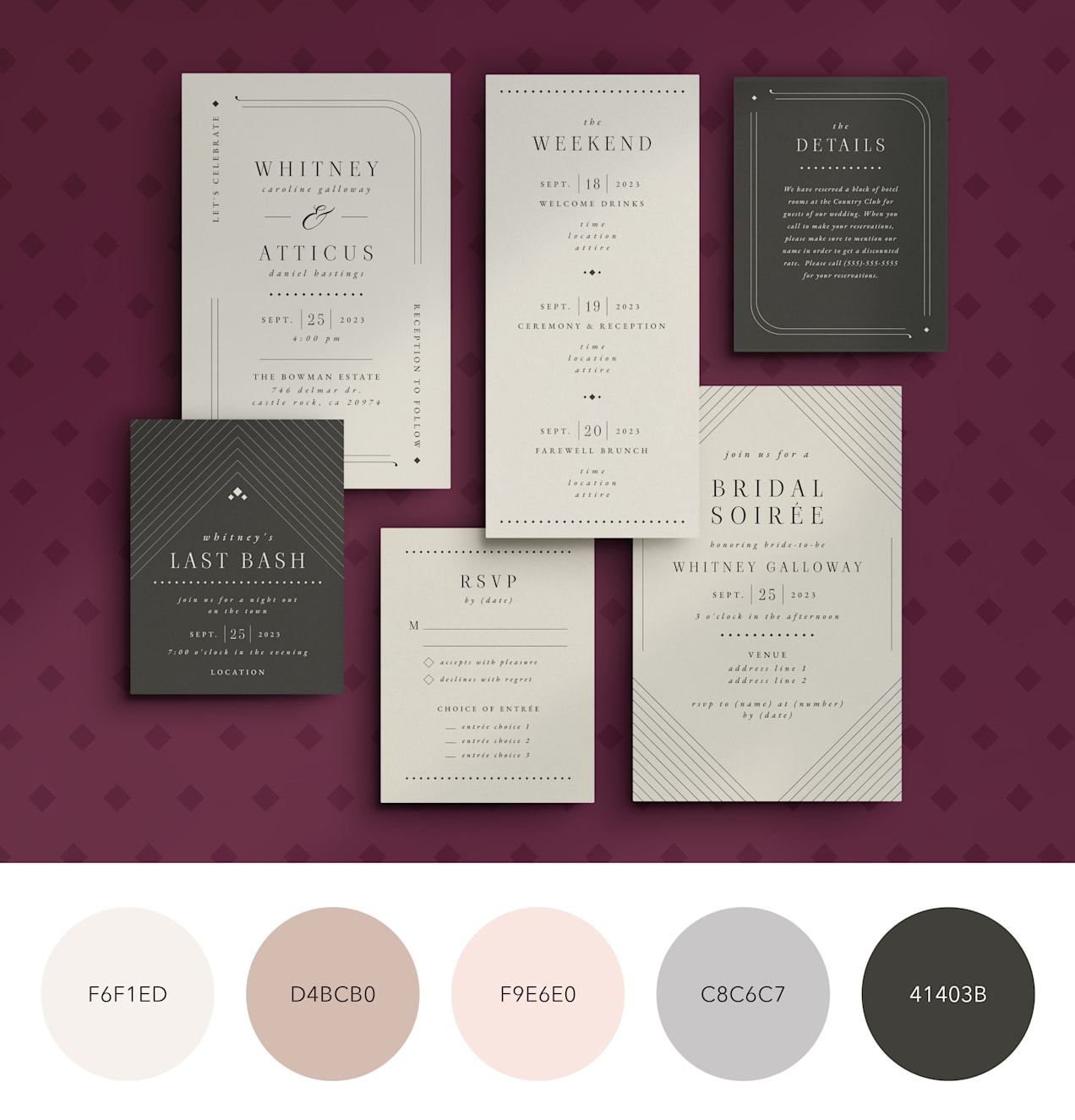 A black and neutral wedding stationery color palette for a wedding with art deco-inspired design