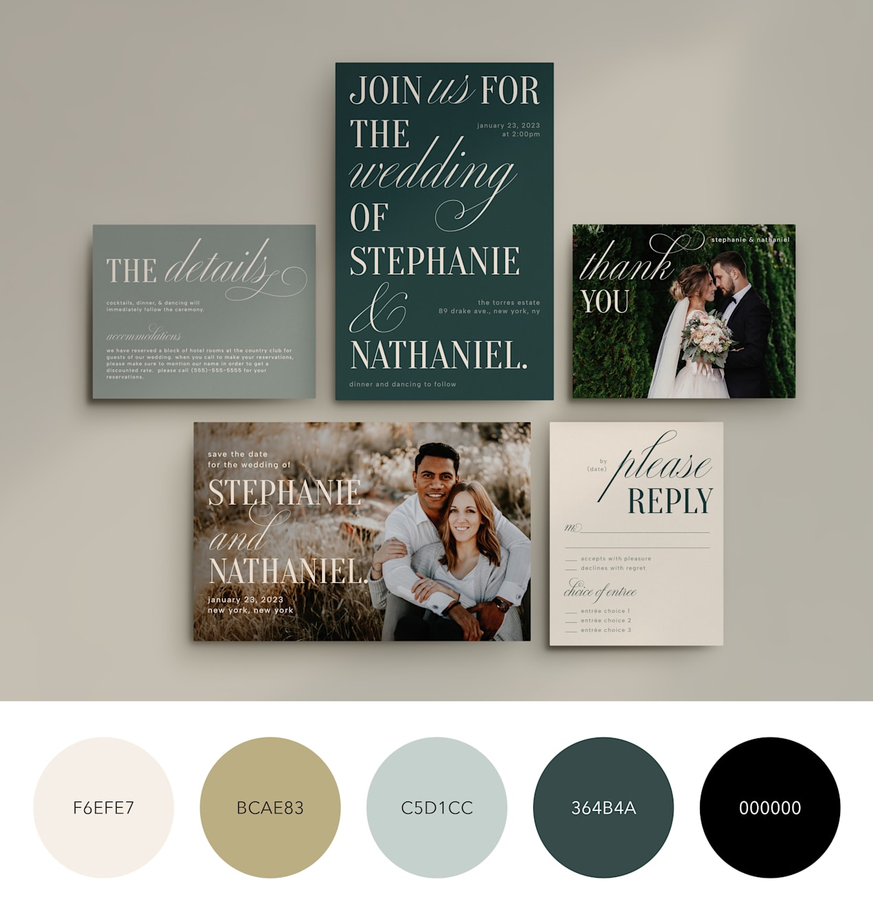 A green color palette with black contrasts on wedding stationery with a focus on graphic type