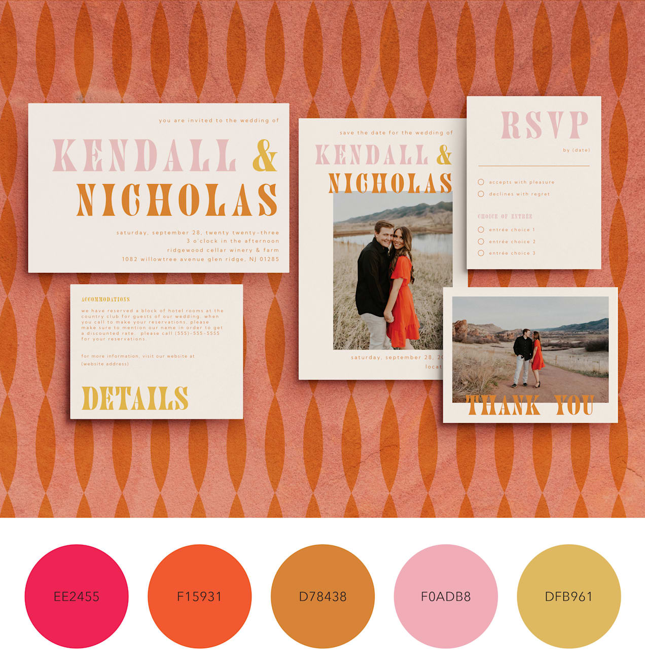 A bold color palette with pinks and oranges on wedding with vintage typography