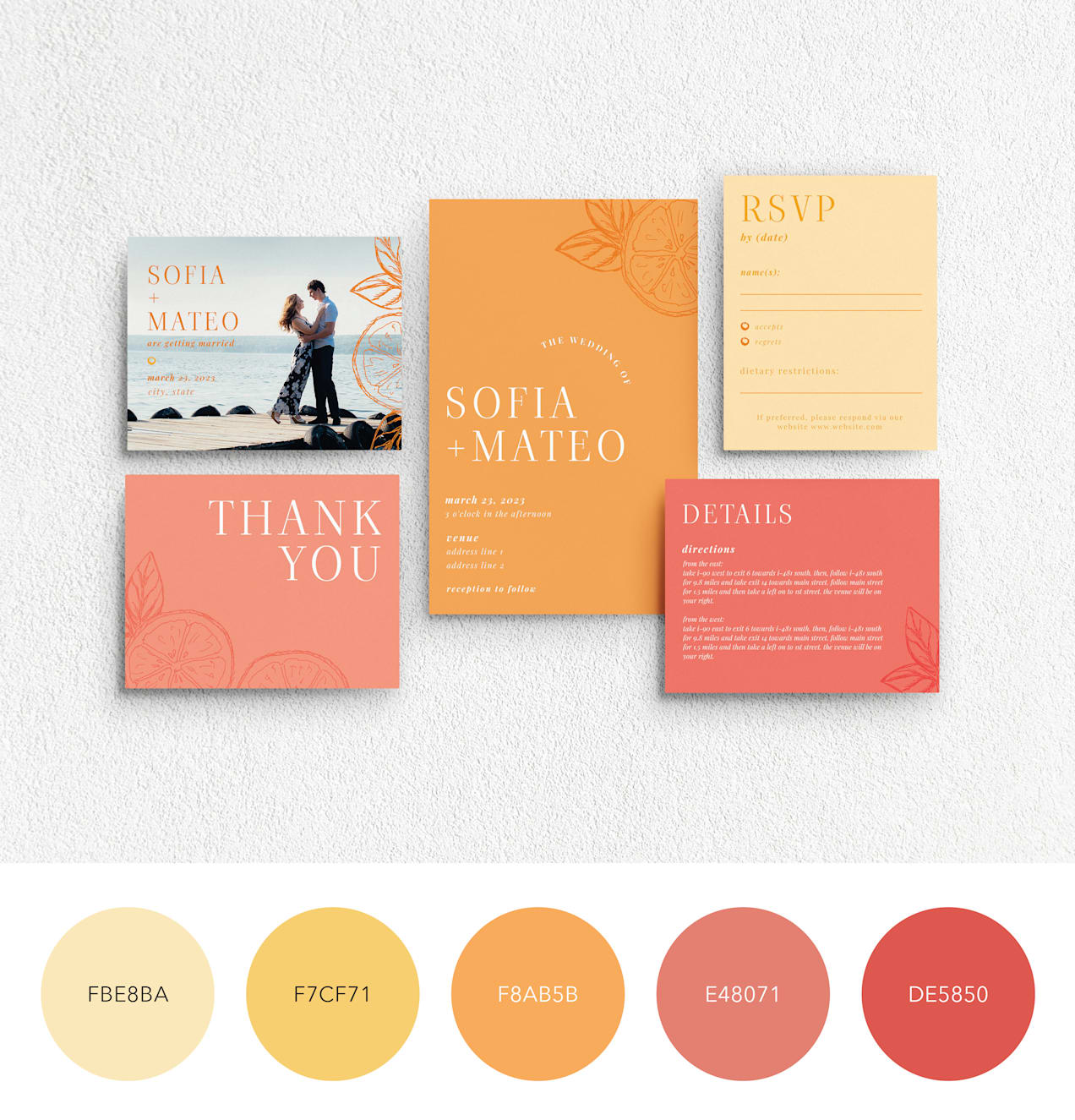 A red, orange and yellow color palette on a wedding stationery set with fruit illustrations.