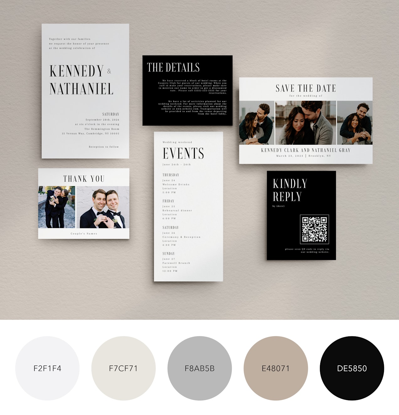 A muted color palette for a classic wedding stationery set in black and white