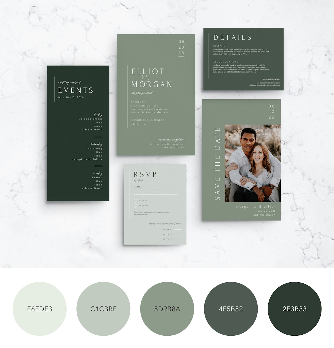A monochromatic green color palette displayed with wedding stationery