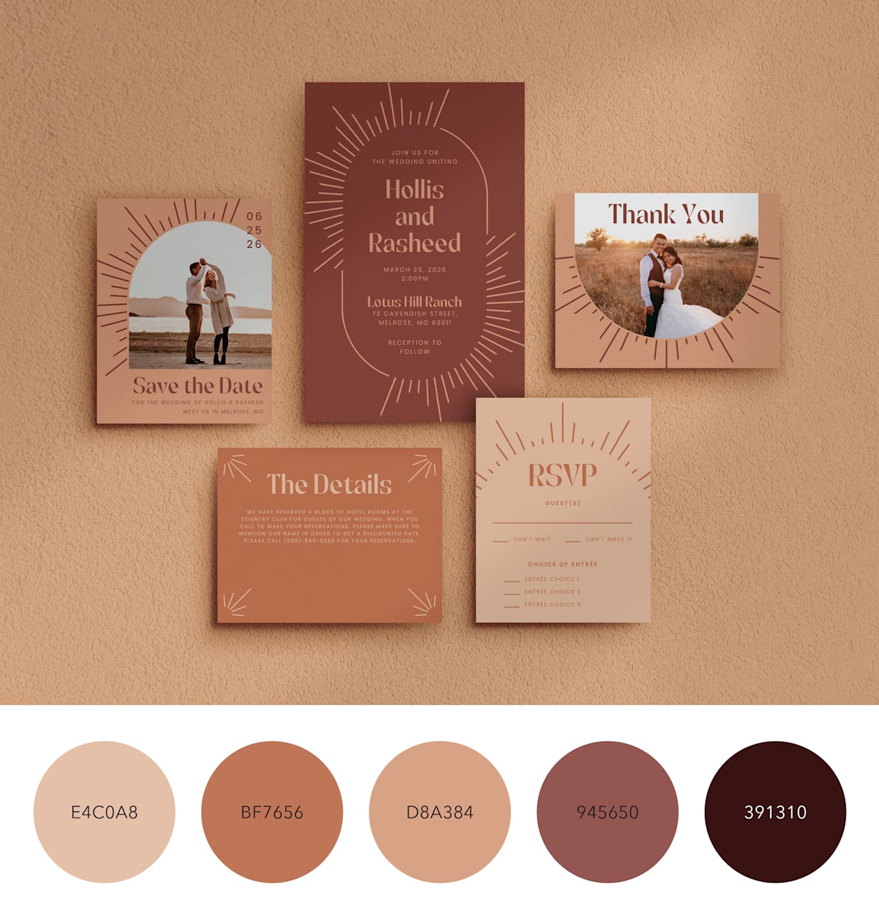 A brown color palette on sunset-inspired stationery with sun rays and photos of the couple