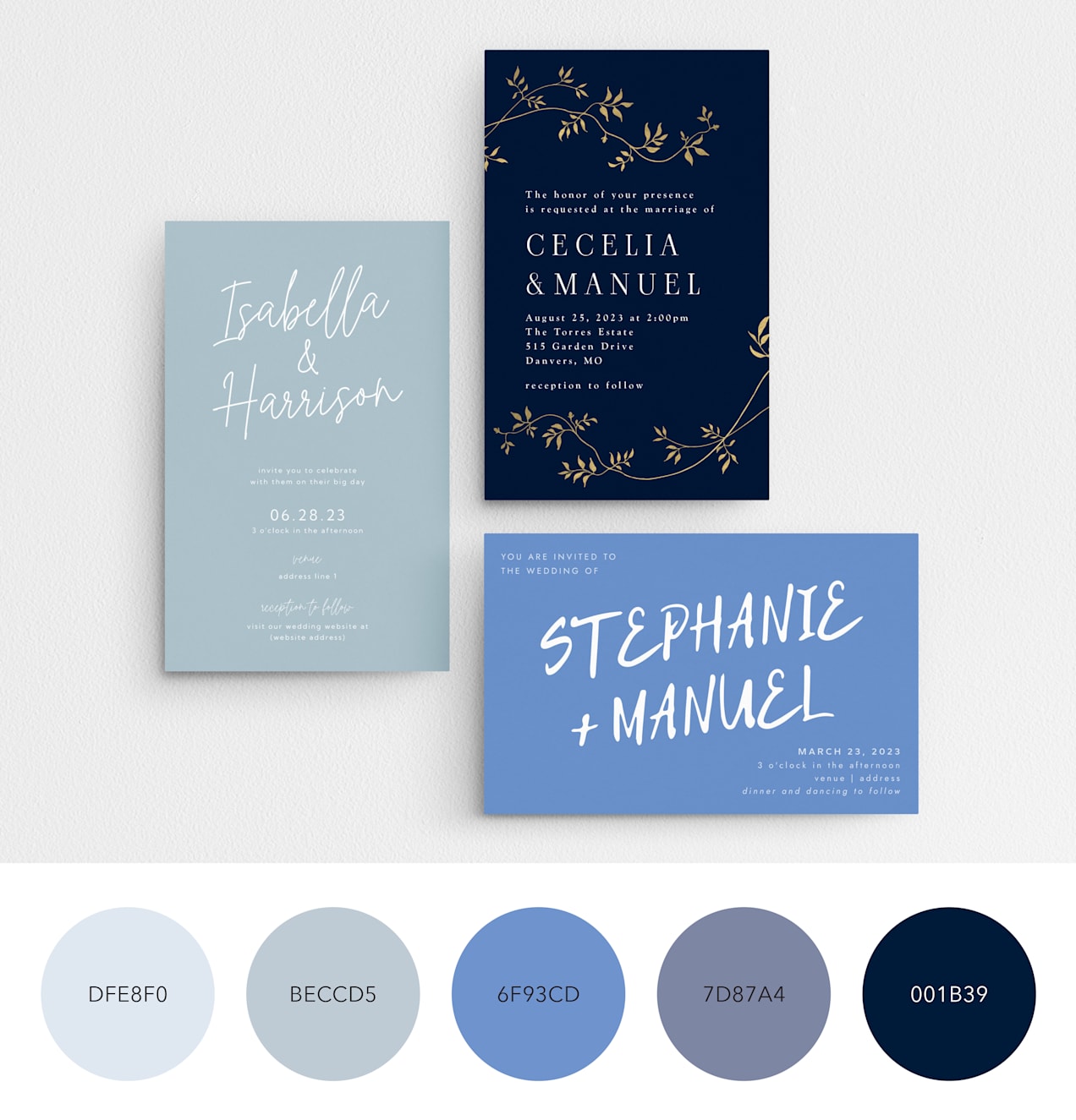 A monochromatic blue color palette across three wedding invitations