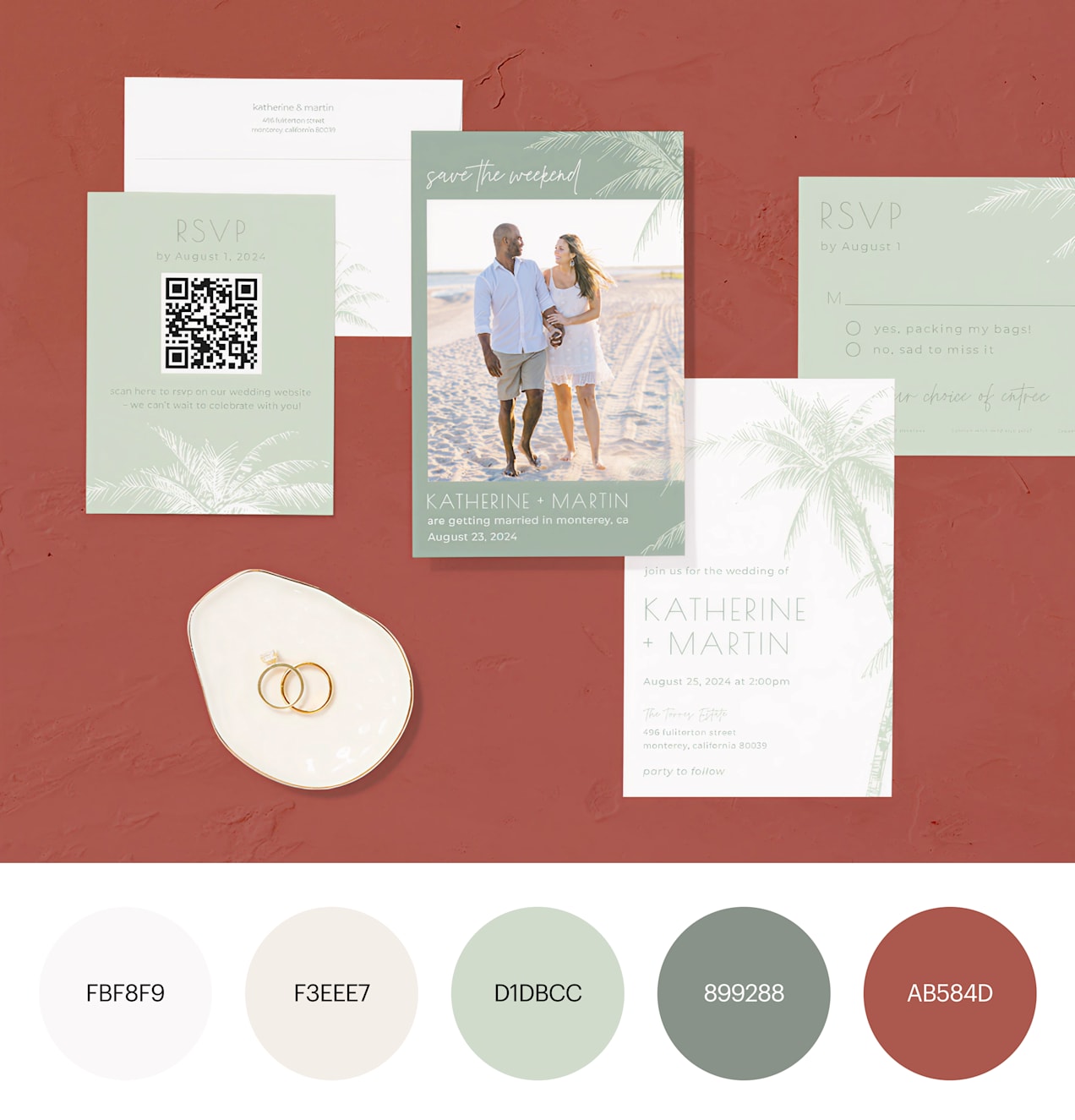 Wedding invitations, save-the-dates, and RSVPs in green tones with palm tree prints