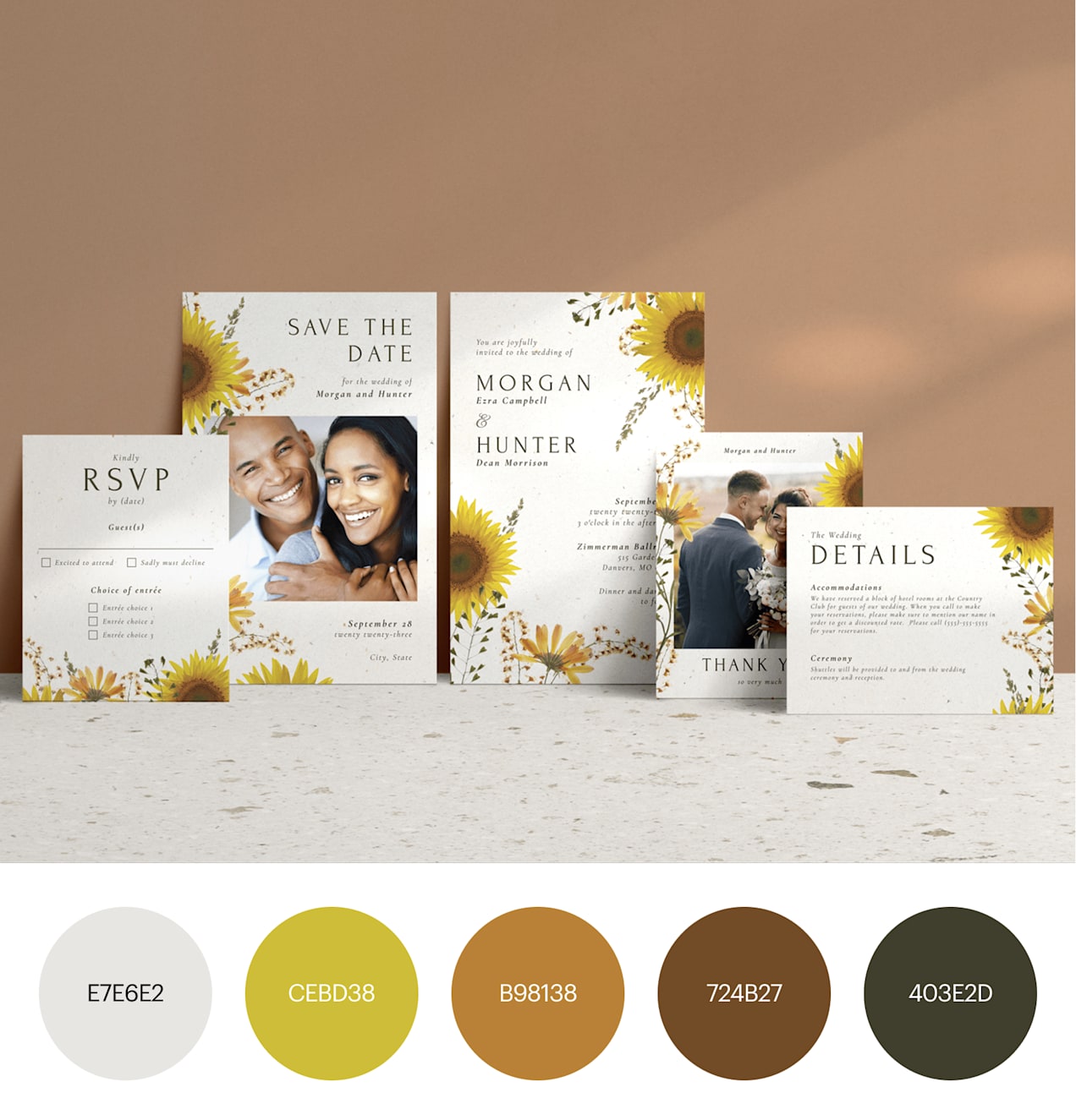 A yellow and neutral set of wedding stationery with a sunflower border and a photo of the couple