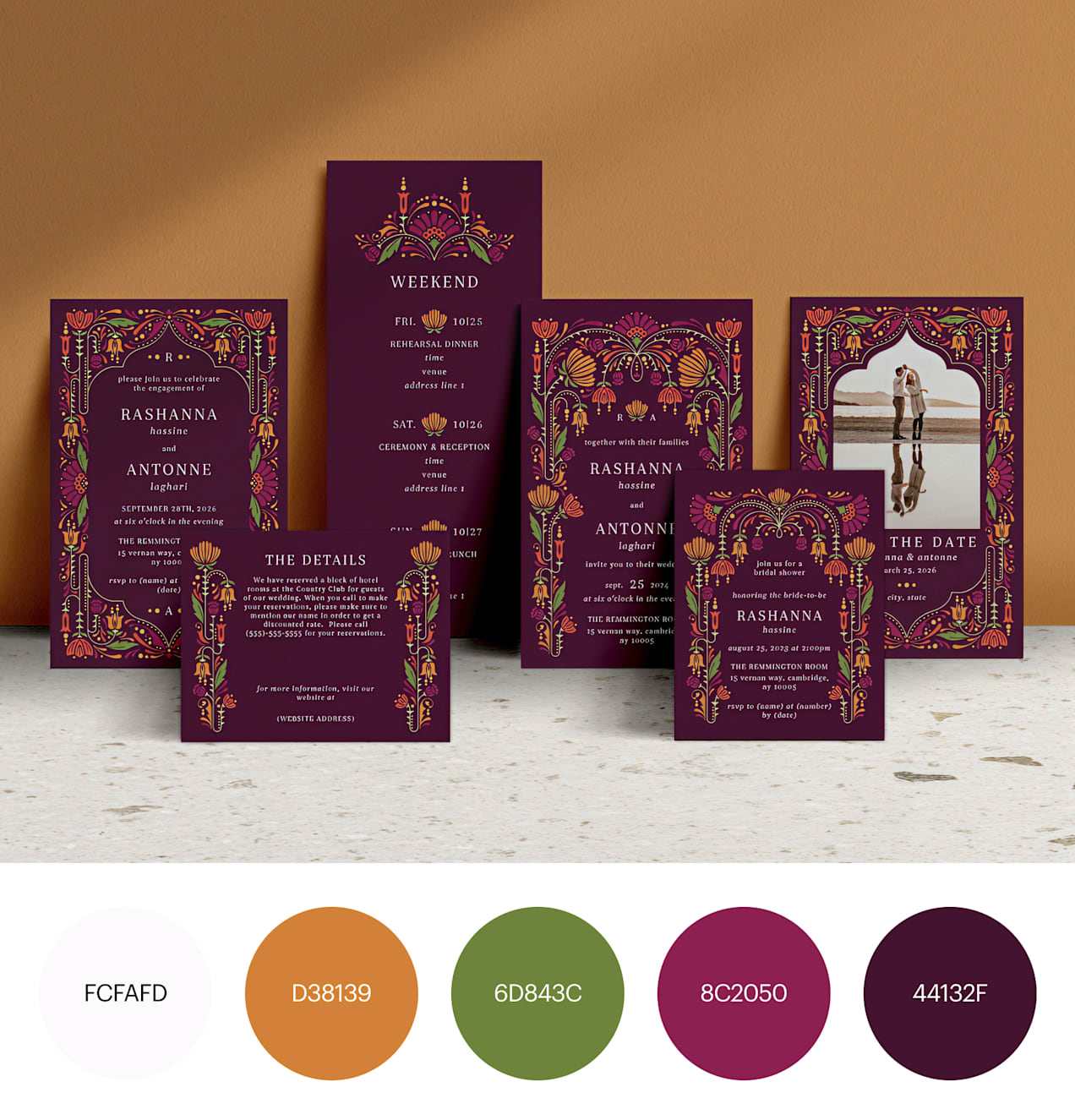 A rich purple wedding color palette on a stationery set with a vintage-style floral border