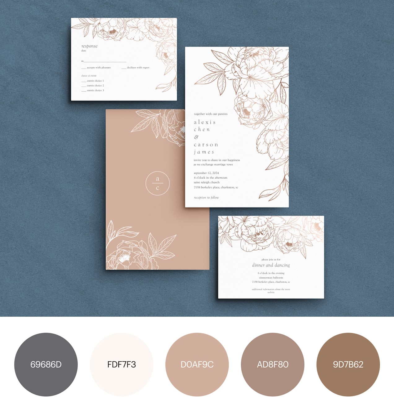 White and beige wedding stationery with an illustrated floral design