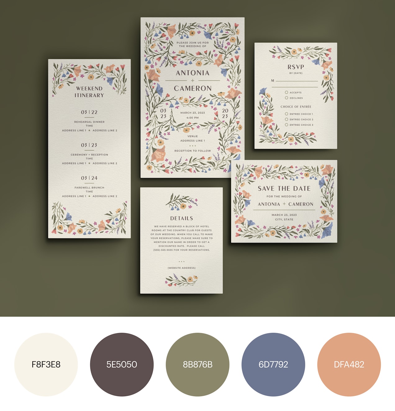 A floral illustrated stationery set in a color palette for a Storybook Romance wedding