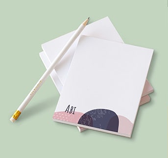 notepad pink and blue pattern and personalised pencil