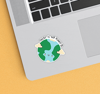 laptop with sticker of a world with text "there is no planet b"
