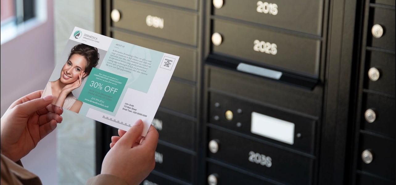 A person looks at a promotional flyer from their mailbox