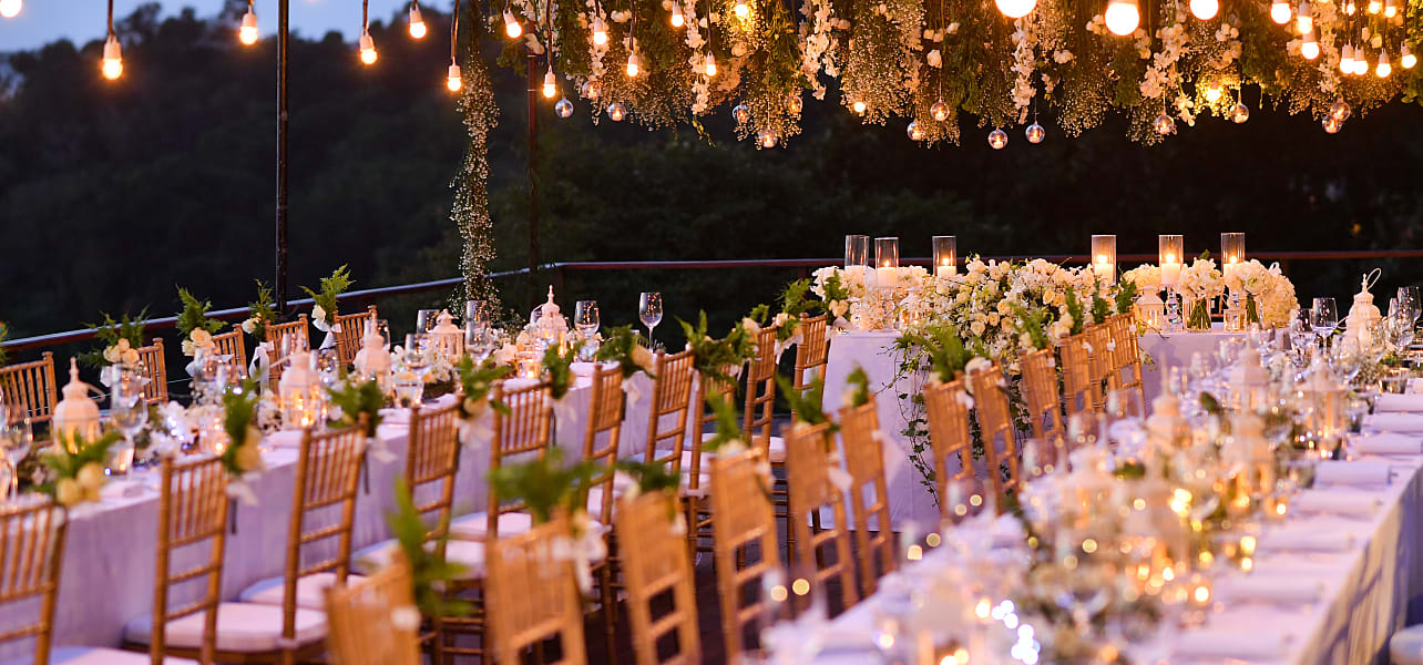 Wedding reception setup that showcases various types of wedding businesses