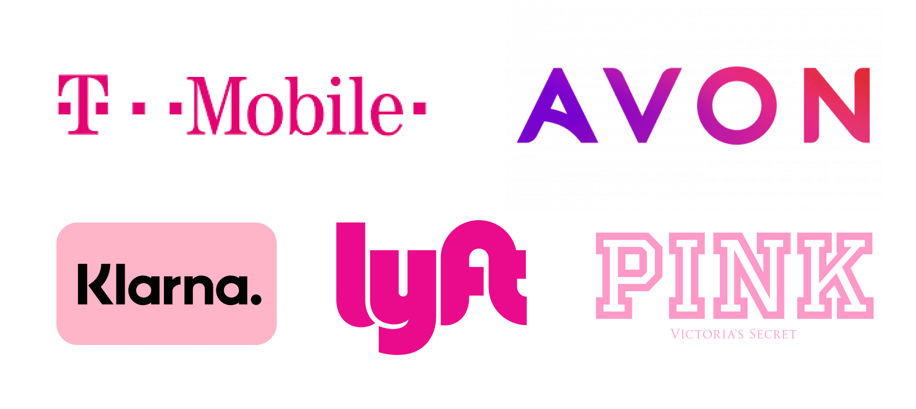 Pink logos from T-mobile, Avon, Klarna, lyft and Victoria's Secret Pink