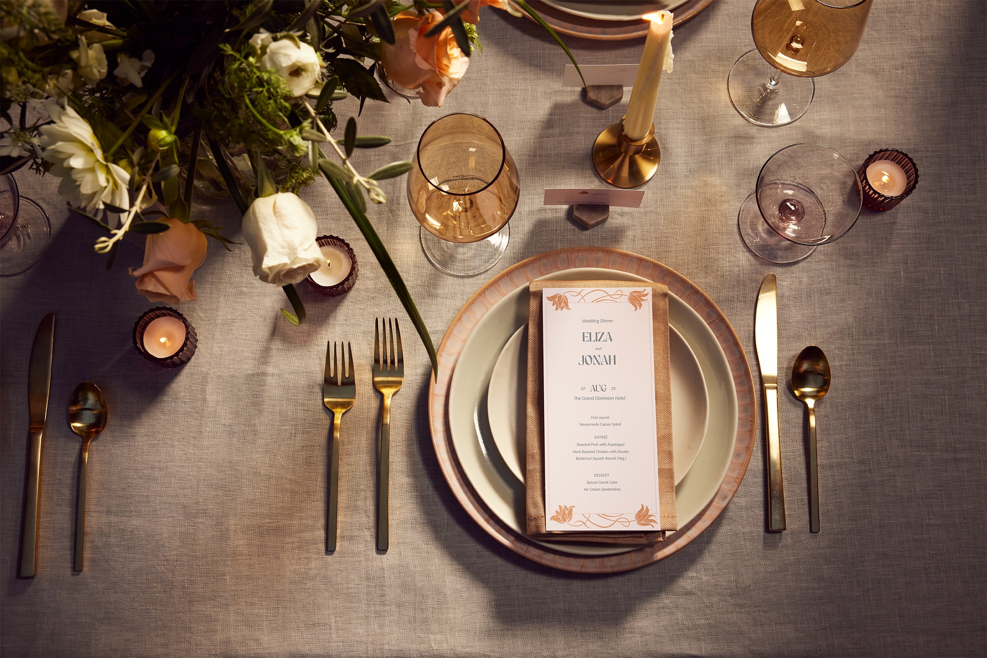Custom wedding menu on a dining table