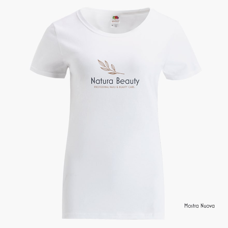 A front mannequin shot of a white t-shirt that features a beauty salon business.