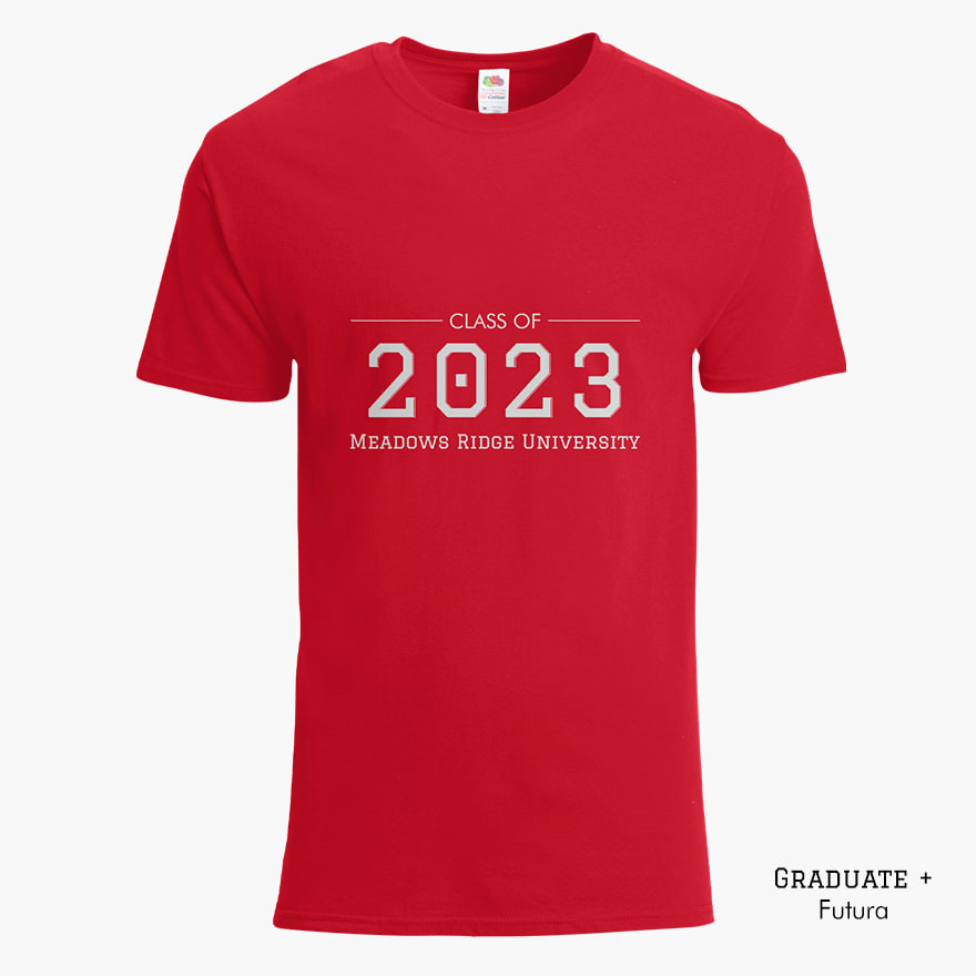 A front mannequin shot of a red t-shirt that features a University.