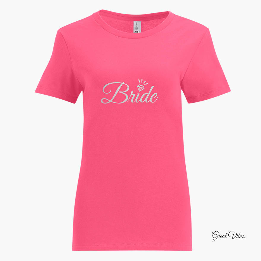 A front mannequin shot of a pink t-shirt that features a bachelorette.