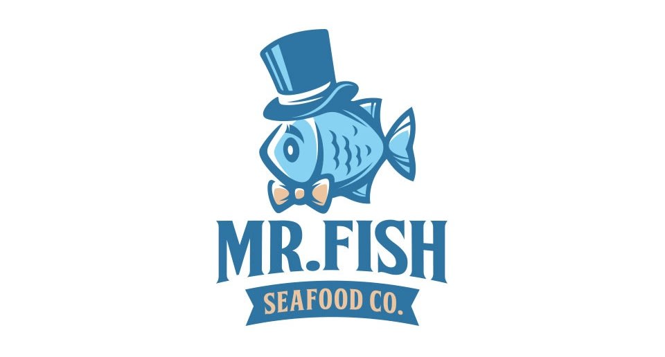 Logo design of a cartoon fish for a seafood restaurant