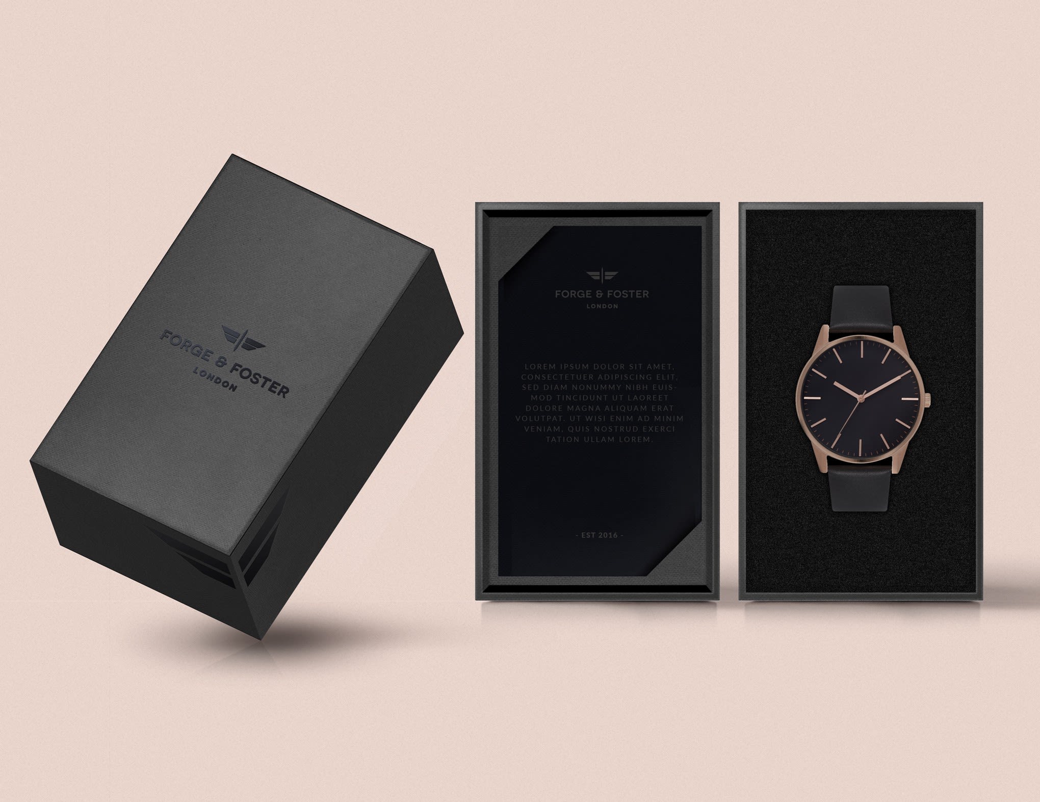 all-black watch box with an embossed wordmark logo