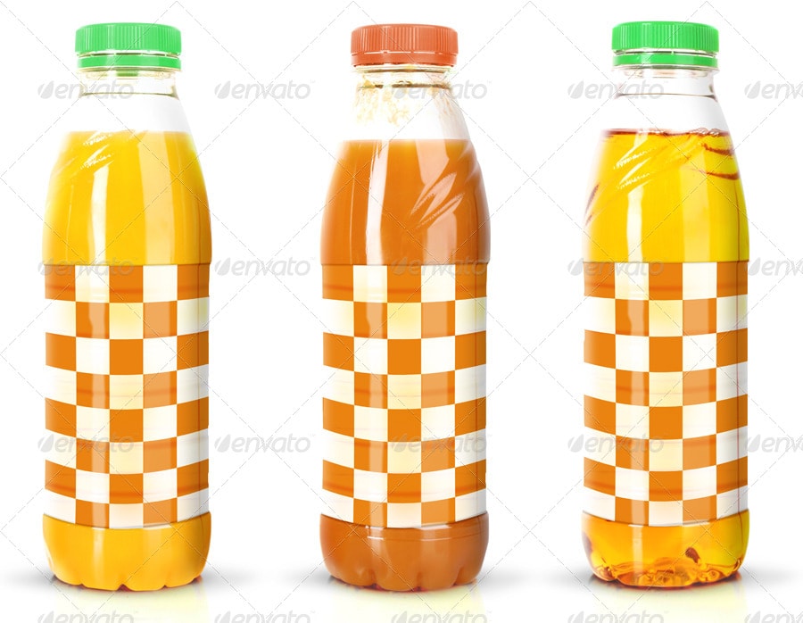 three juice bottles side by side, each with a different fruit design on the label