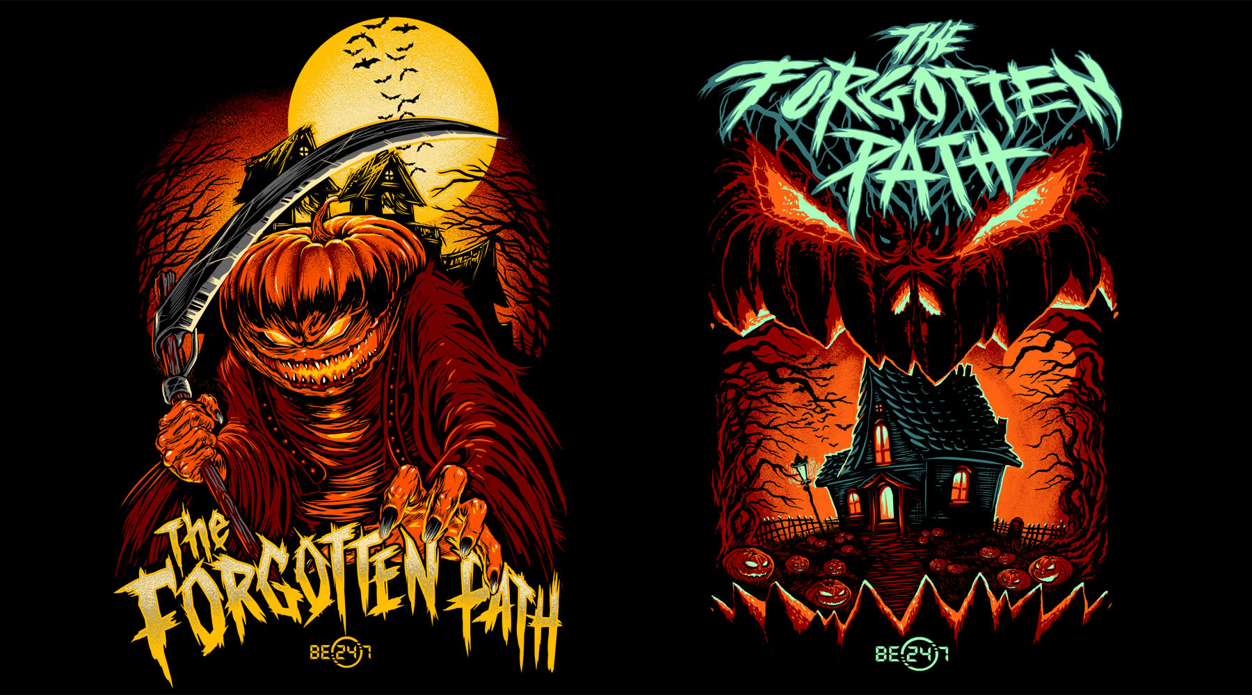 Two bold Halloween-themed T-shirt designs with detailed illustration and high-contrast colors for merchandise inspiration