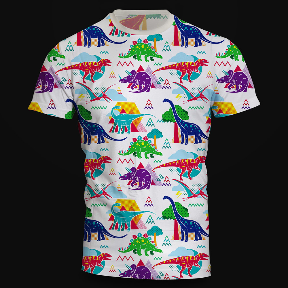 All-over print T-shirt covered in colorful dinosaur pattern demonstrating edge-to-edge design coverage