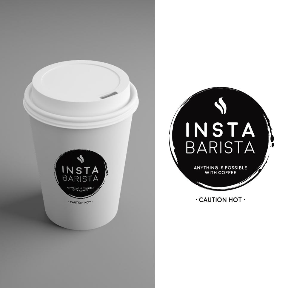 white paper to-go coffee cup with a black printed logo