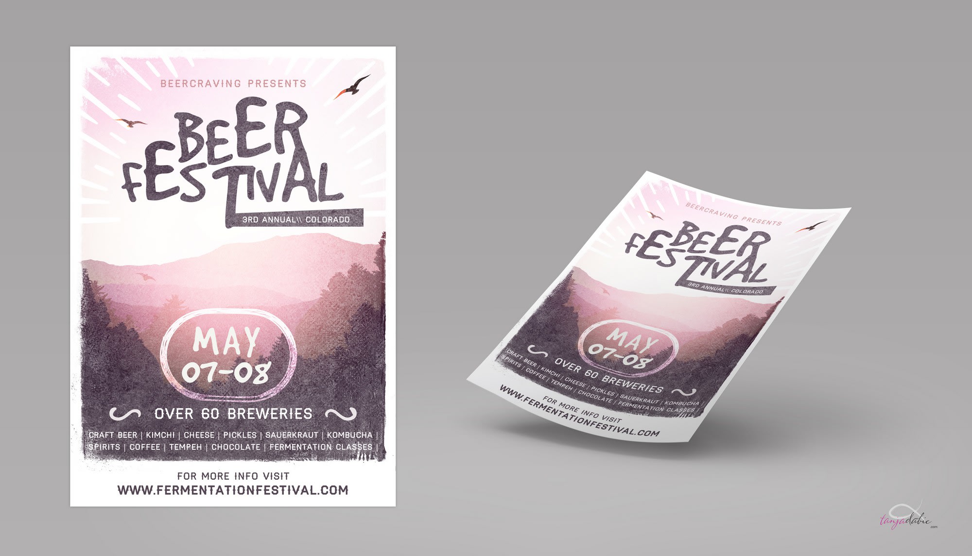light pink beer festival flyer with an image of a landscape