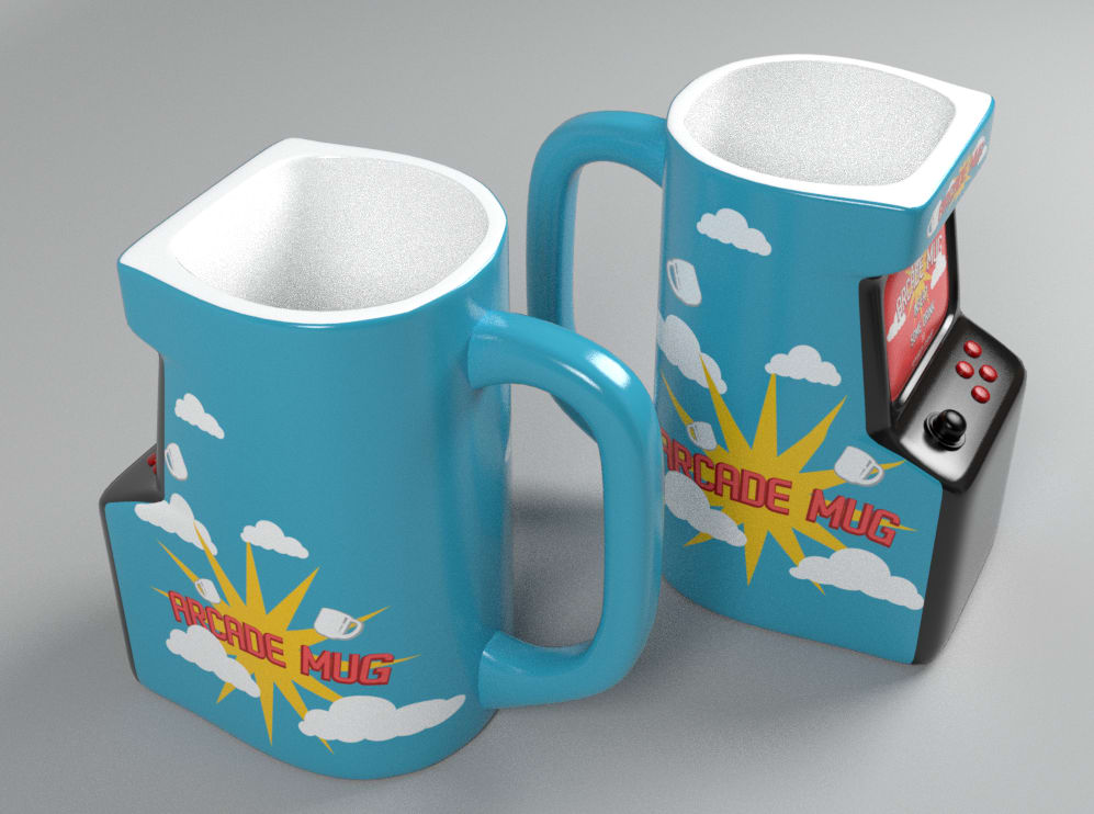 blue arcade cabinet-shaped mugs