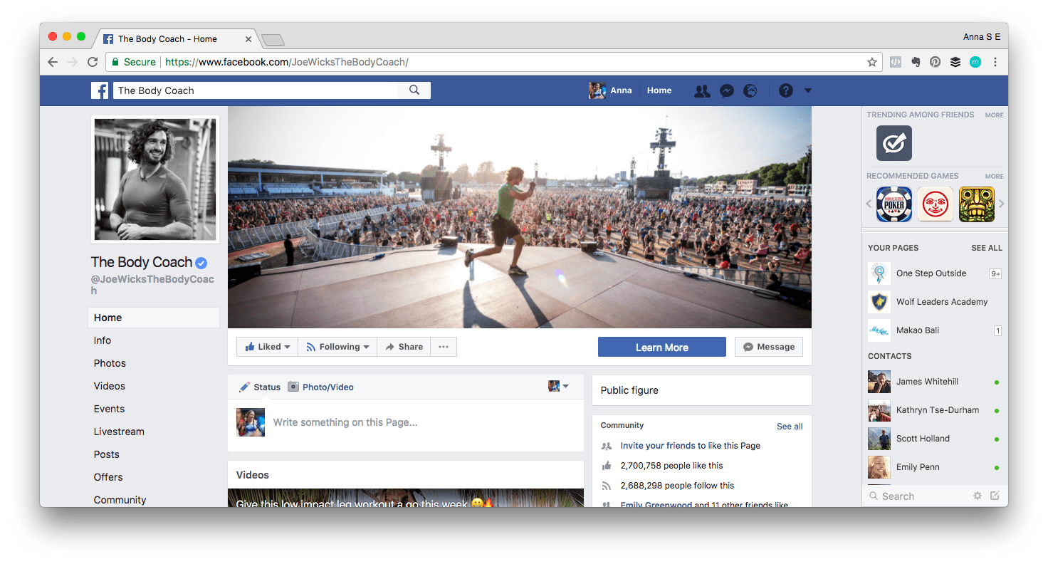 Personal brand example: Screenshot of Joe Wicks&rsquo; Facebook page