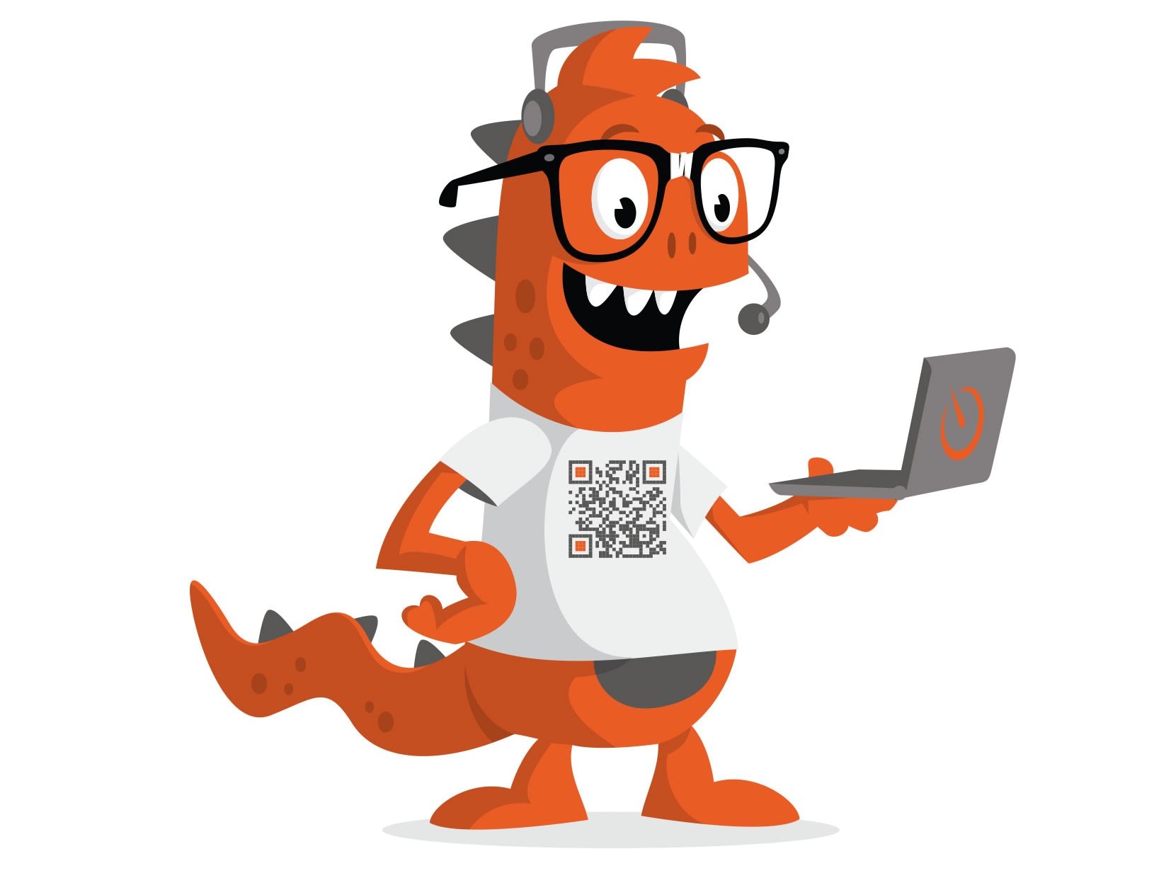 Cartoon dinosaur holding a laptop