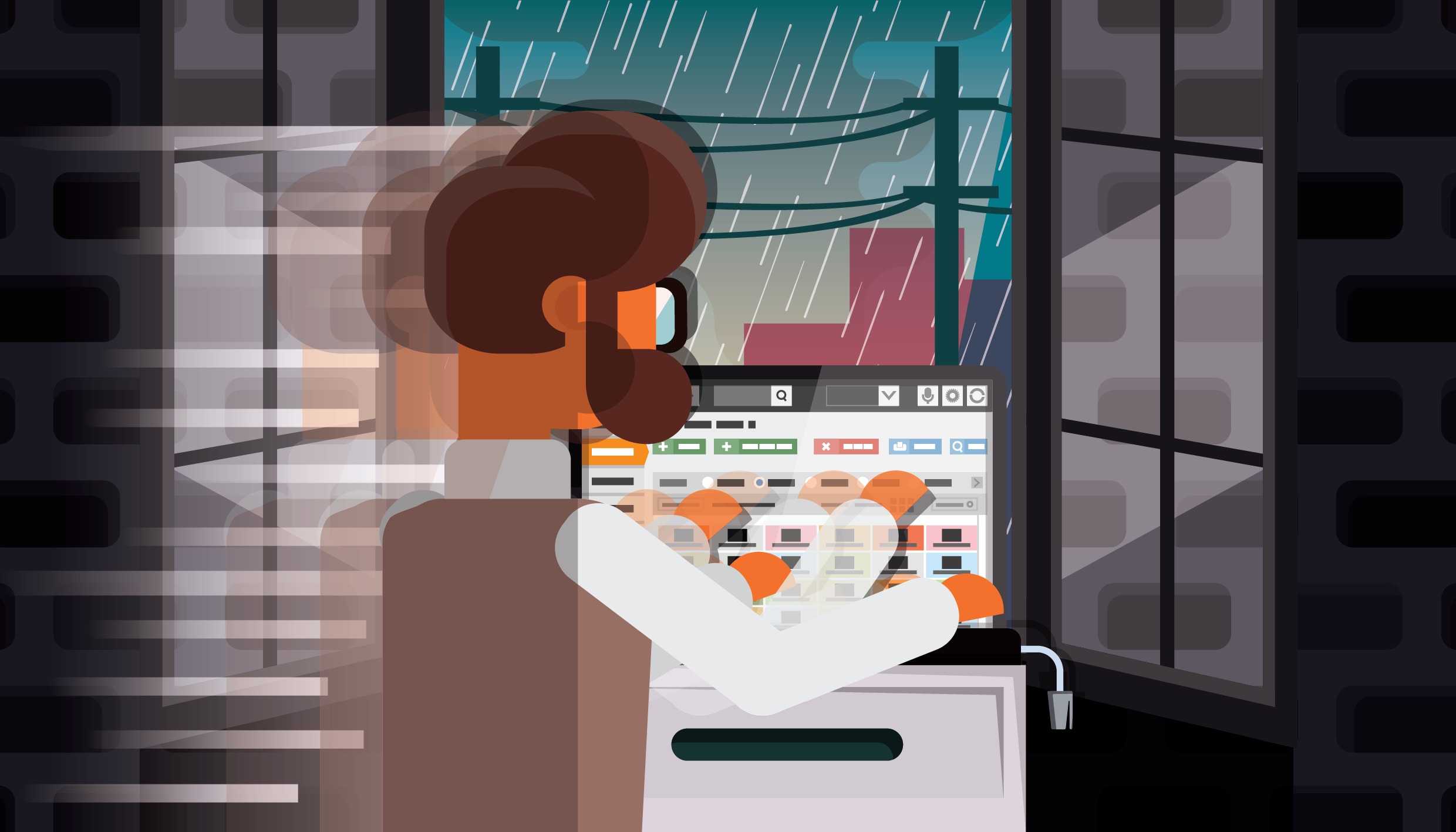 Illustration of a character at a computer