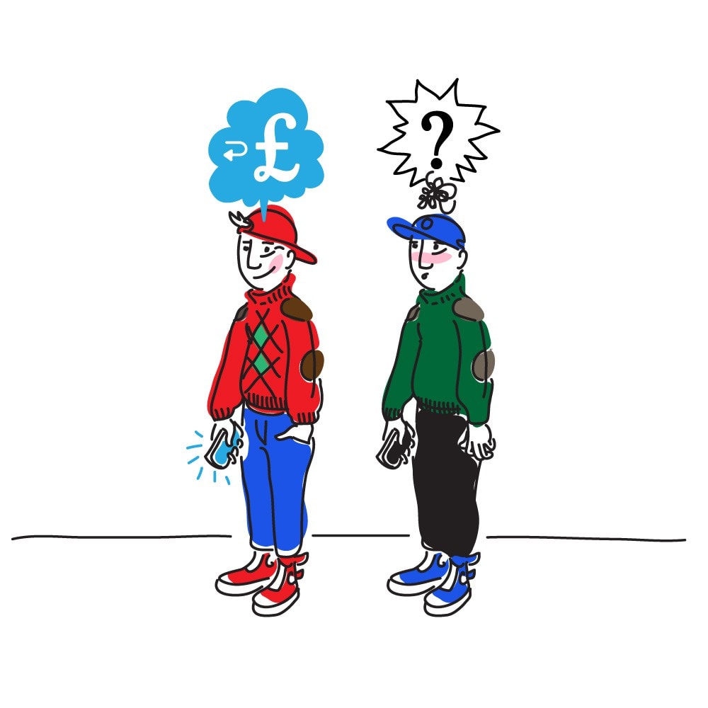 Two doodle-style illustrated characters