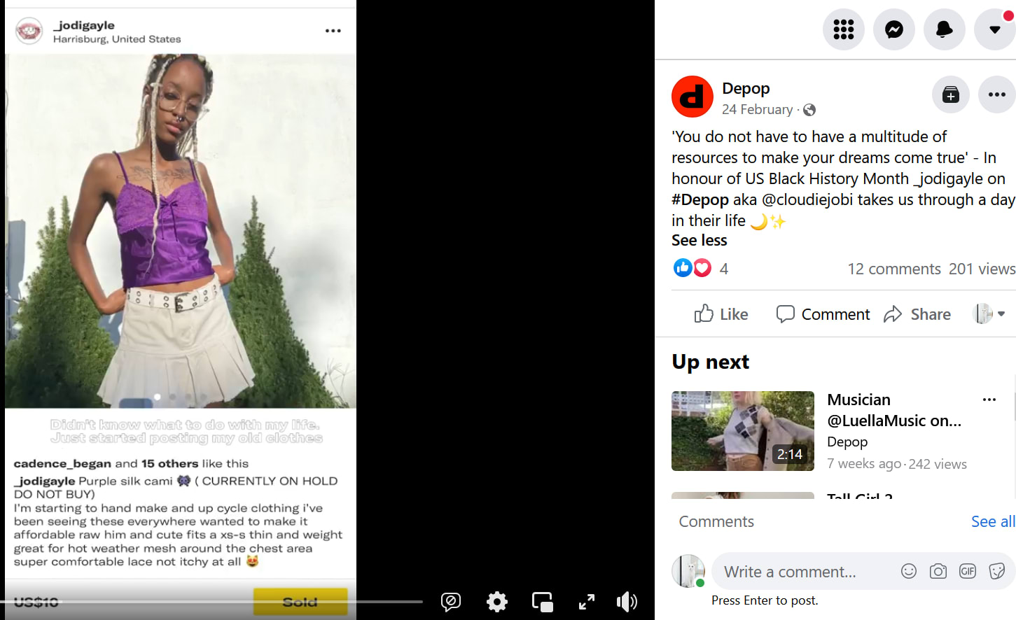 A woman wearing a purple top and a white skirt striking a pose