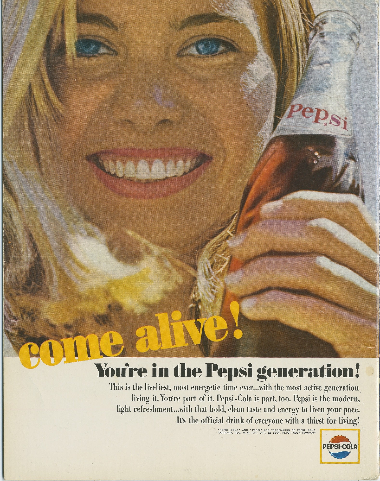 1964 Pepsi Generation ad showing a young woman grasping a bottle of Pepsi